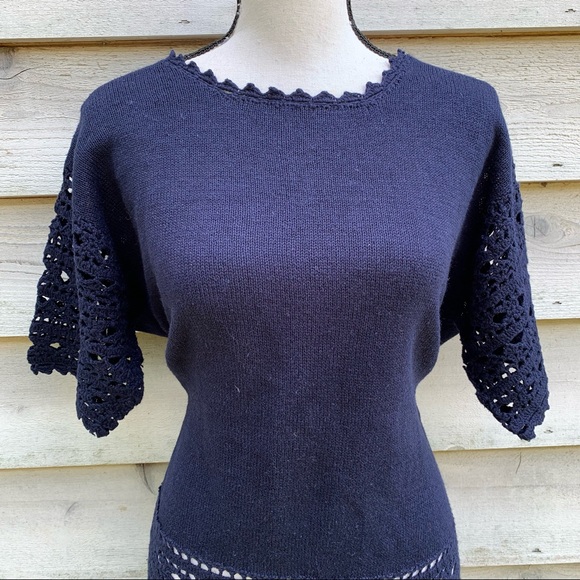 Vintage 90s Navy Blue Solid Print Crochet Trim Short Sleeve Knit Sweater Blouse - Picture 10 of 16